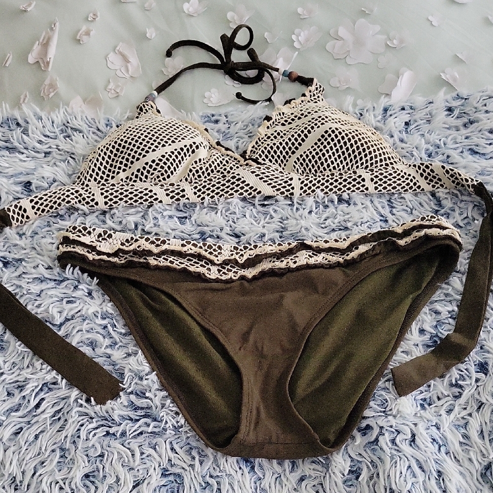 Olive Green With Beige Lacing Bikini